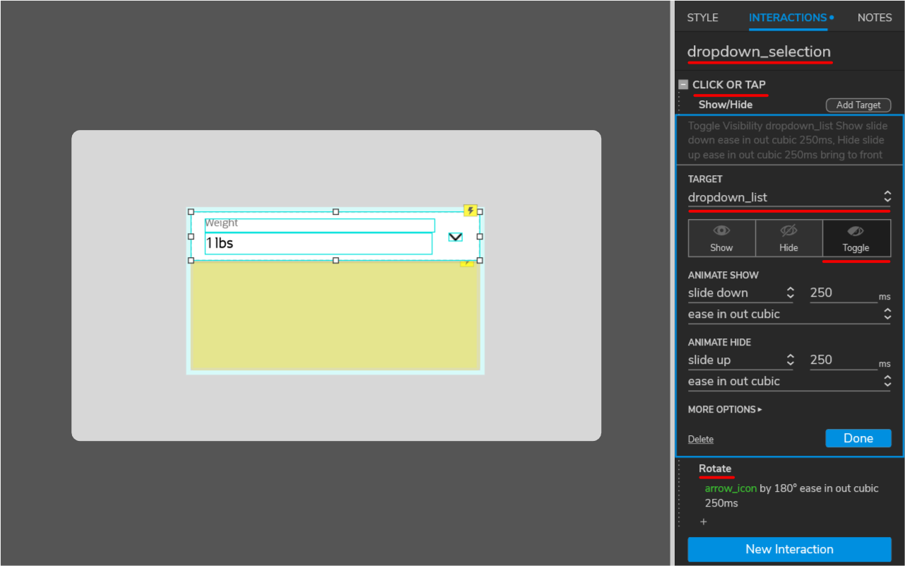Axure — dropdown menu — interactivity (selection)