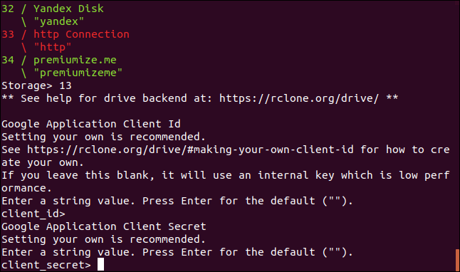 prompt for a Google application client secret in a terminal window