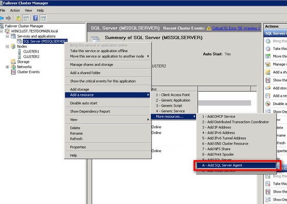 cluster manager dd the SQL Server Agent resource to the SQL Server Cluster Resource Group