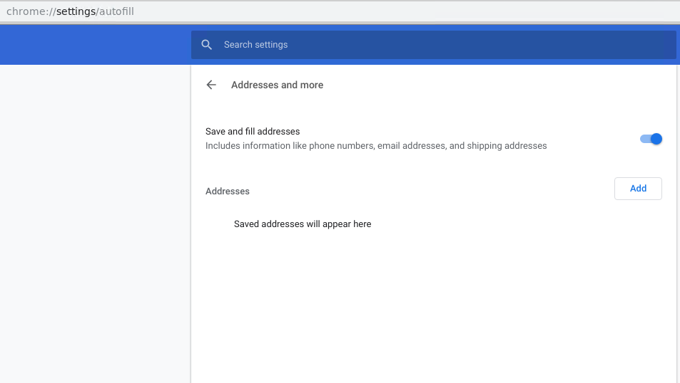 Auto fill - Settings - chrome://settings/autofill