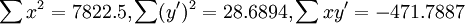 \sum x^2=7822.5,\sum(y^\prime)^2=28.6894,\sum xy^\prime=-471.7887