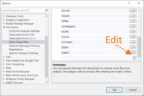 Figure 3. Editing a list of directories that the analyzer won't check.