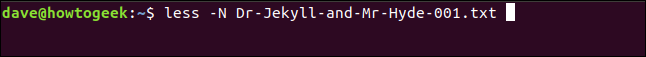 less -N Dr-Jekyll-and-Mr-Hyde-001.txt in a terminal window