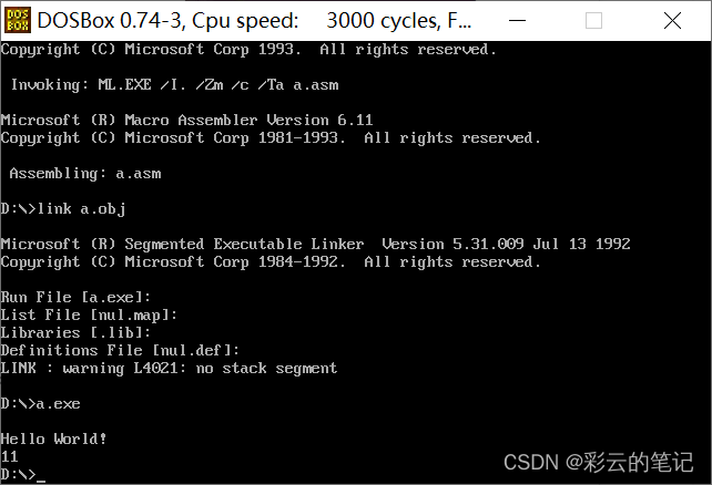 第一个汇编HELLO WORLD ，注释_string db 'hellow world',13-CSDN博客