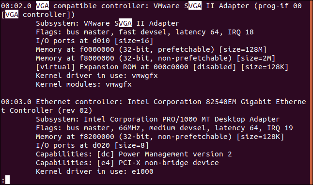 Search results for "VGA" in the lspci output from the "less" command in a terminal window.