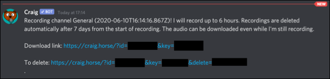 A private message from the Craig Discord bot, with links to download or delete recordings