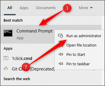 Command Prompt app in windows search