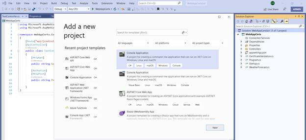 创建 .NET 5 客户端以调用受证书保护的 API