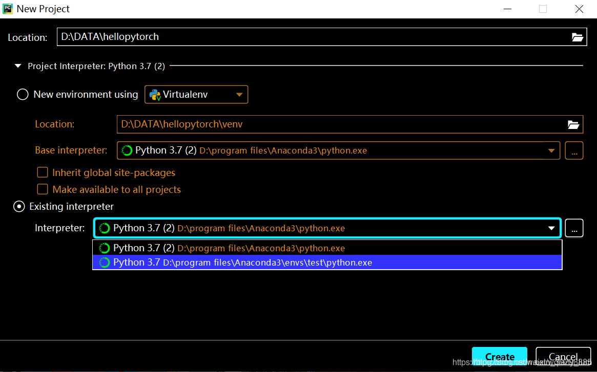 选择Existing interpreter，然后找到pytorch虚拟环境下的python，选择就可以了，参考“import torch显示No module named ‘torch‘在pycharm中”的图，侵删