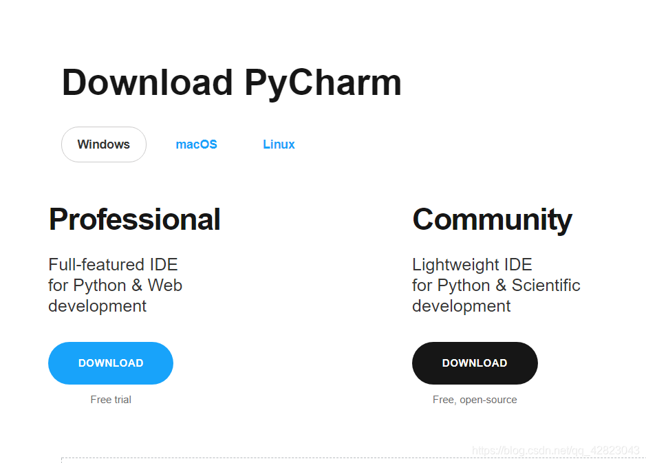 Professional 专业的，Community 社区，这里我们点击Community下的 DOWNLOAD下载。