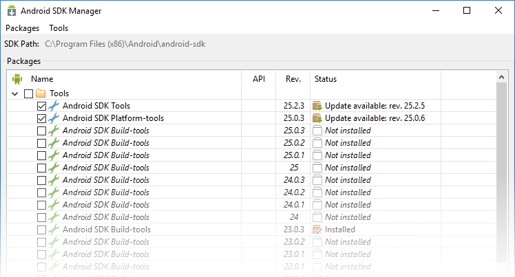 Google Android SDK 管理器的屏幕截图示例