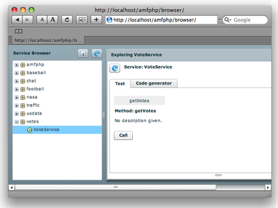 The AMF data service viewed in the AMFPHP browser