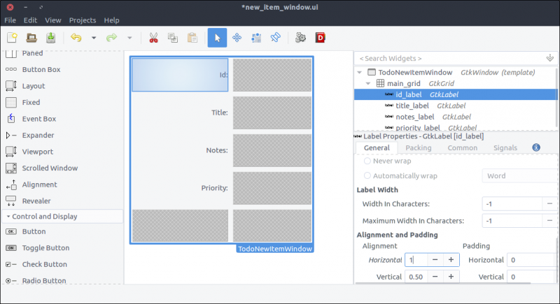 GTK+ ToDo new item with grid and labels