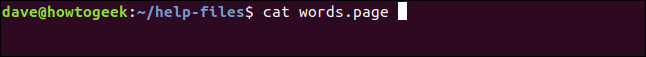 cat words.page in a terminal window