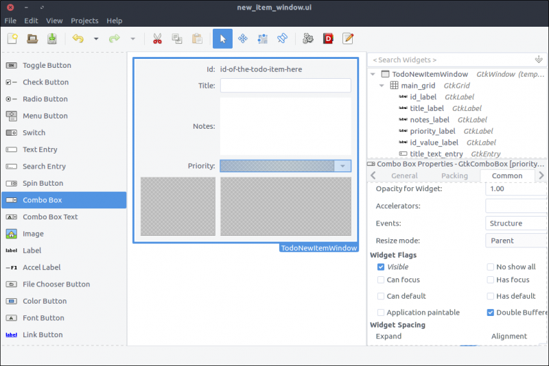 GTK+ ToDo new item with grid and labels