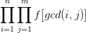 \prod_{i=1}^n\prod_{j=1}^m f[gcd(i,j)]