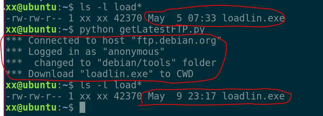 ftp客户端运行结果：可以看出loadlin.exe文件被更新了。