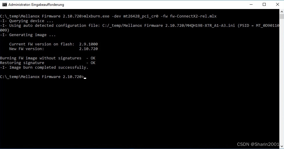 mlxburn -dev mt26428_pci_cr0 -fw fw-ConnectX2-rel.mlx