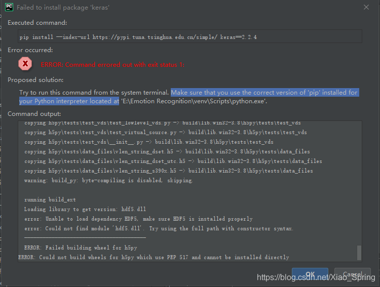 Pycharm安装第三方包（keras）时报错：ERROR: Command errored out with exit status 1 ...