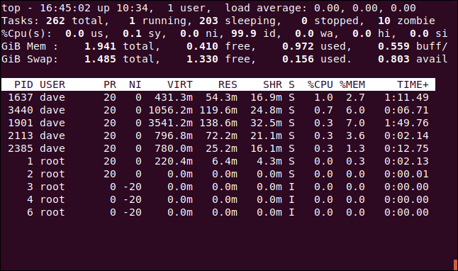 top displaying ten processes in the task area, in a terminal window.