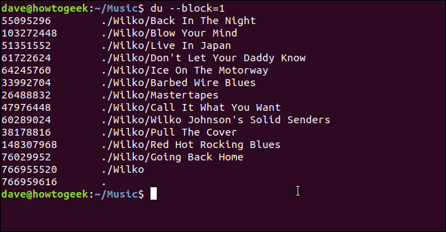 The "du --block=1" command in a terminal window.