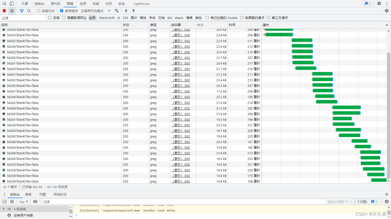绿色代表请求发出,灰色代表浏览器让该请求处于停止状态
