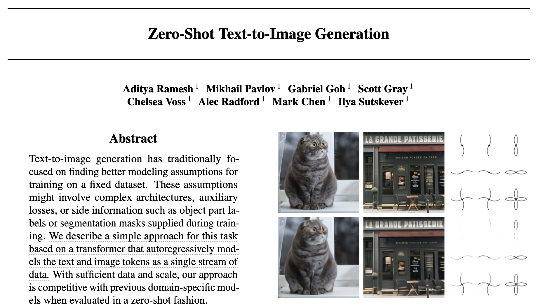 Fig 1. 原始图像(上)和离散VAE重建图像(下)的比较。编码器对空间分辨率进行8倍的下采样。虽然细节(例如,猫毛的纹理、店面上的文字和插图中的细线)有时会丢失或扭曲,但图像的主要特征通常仍然是可识别的。我们使用8192的大词汇量来减轻信息的丢失