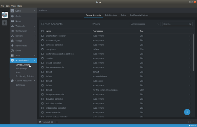 镜头访问控制服务帐户菜单 Lens Access Control Service Accounts menu