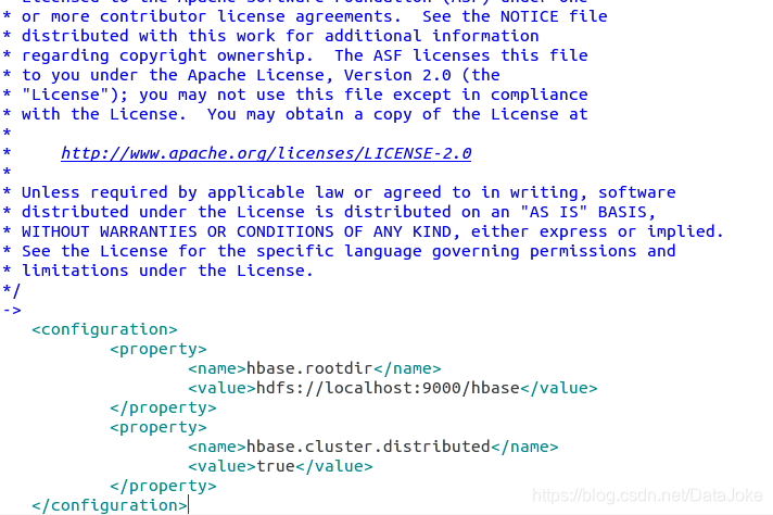 （配置：“/usr/local/hbase-1.6.0/conf/hbase-site.xml”用命令：“gedit”打开并编辑“hbase-site.xml”命令如下：“gedit /usr/local/hbase/conf/hbase-site.xml”）