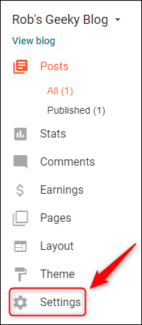 The Blogger options with Settings highlighted.