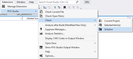 Figure 4. Check of a solution using the PVS-Studio analyzer.