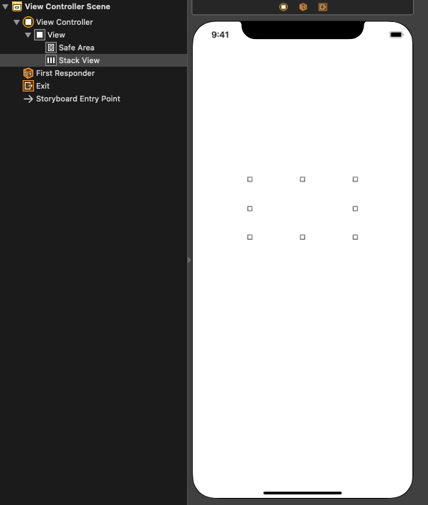 A image of a storyboard in Xcode showing a StackView added to a ViewController.