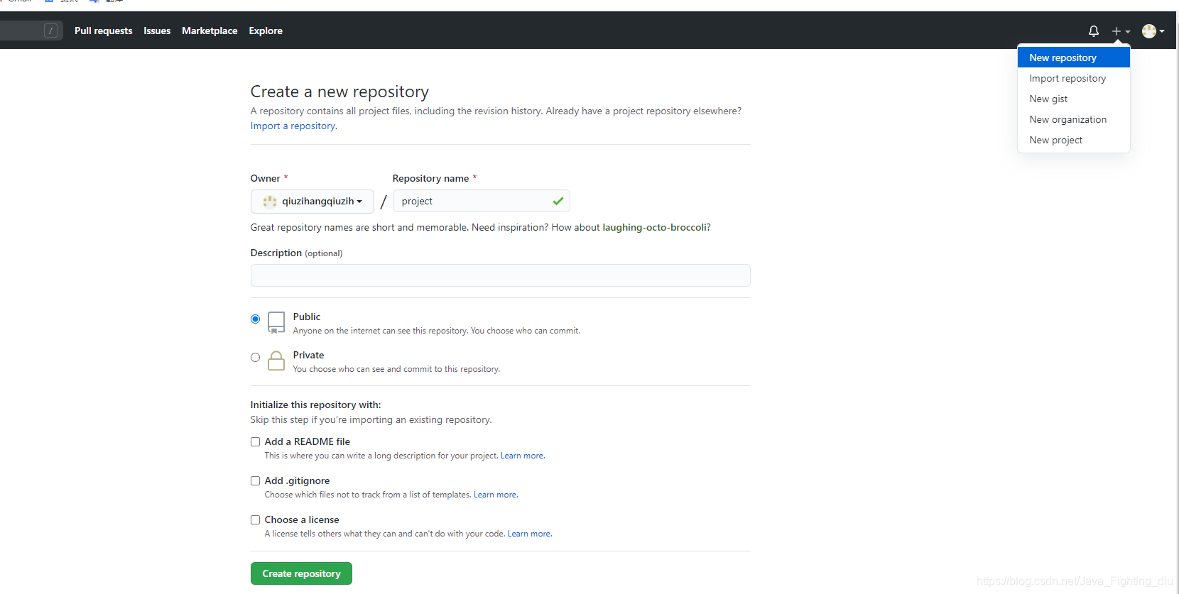 点击new repository后会出现如下页面，Repository name下填写的是你的项目名字，public和private分别为公开和仅自己可见，然后点击绿色按钮create