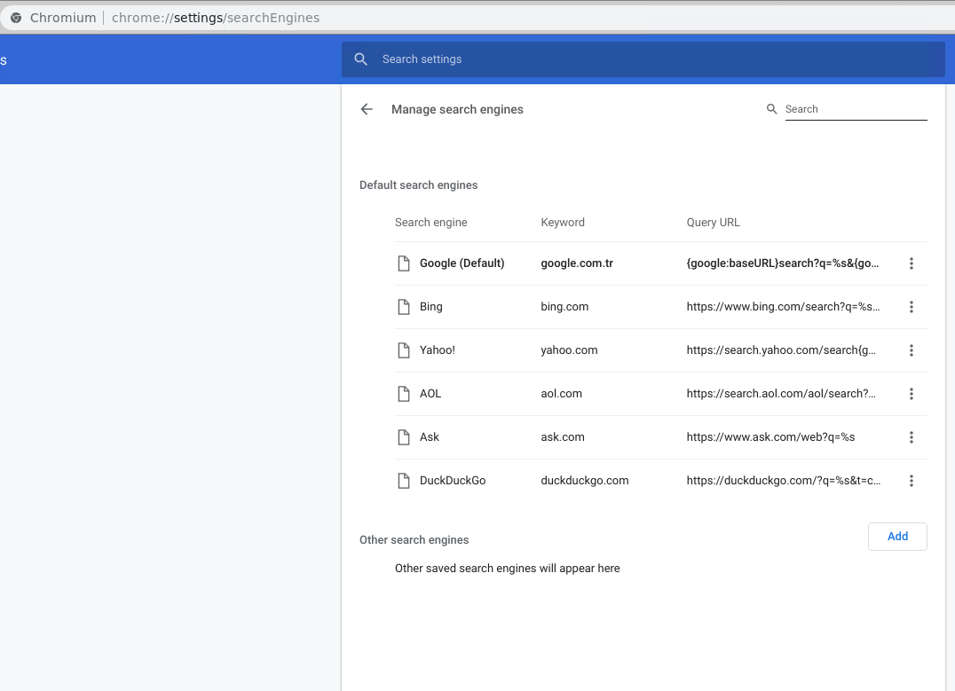 Search Engine - Settings - chrome://settings/searchEngines