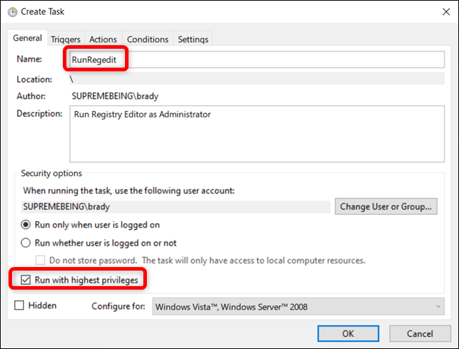Give it a memorable name and tick the box next to "Run with highest privileges."