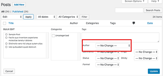 Bulk edit author for multiple posts in WordPress