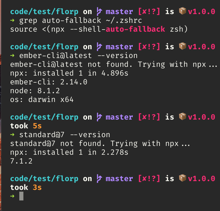 Putting the npx auto fallback in .zshrc means you can do <code>$ ember-cli@latest …</code> without referencing npx at all!
