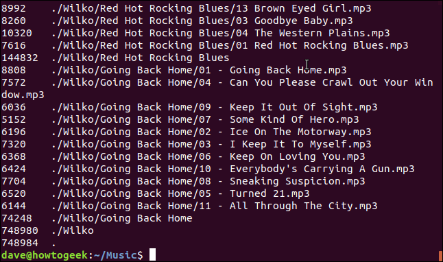 Output from a "du -a" command in a terminal window.