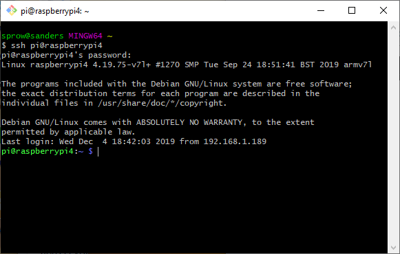 Remote login with the command: ssh pi@raspberrypi4