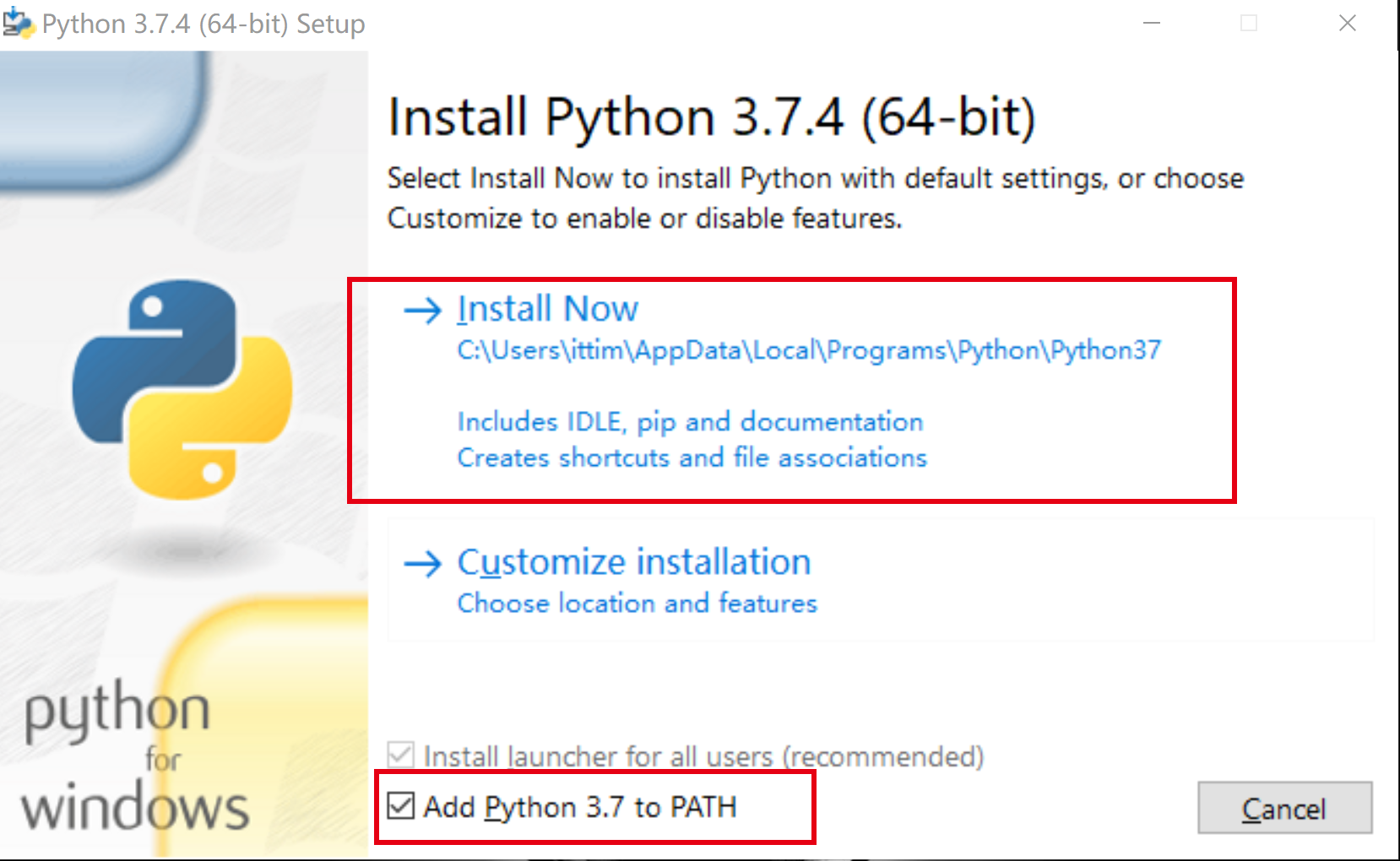 设置安装路径和将Python3.7添加到Path环境变量中