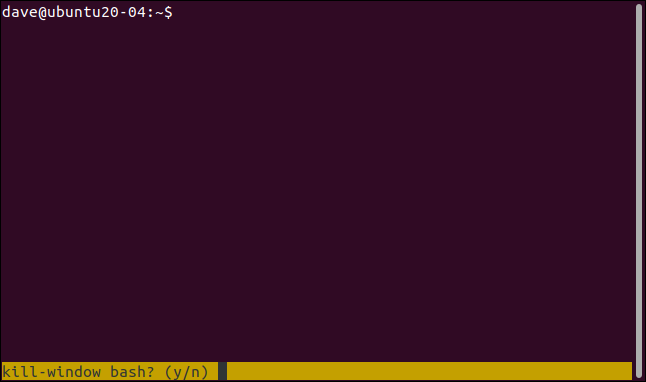 tmux session with an amber status bar and close this window yes or no prompt, in a terminal window.