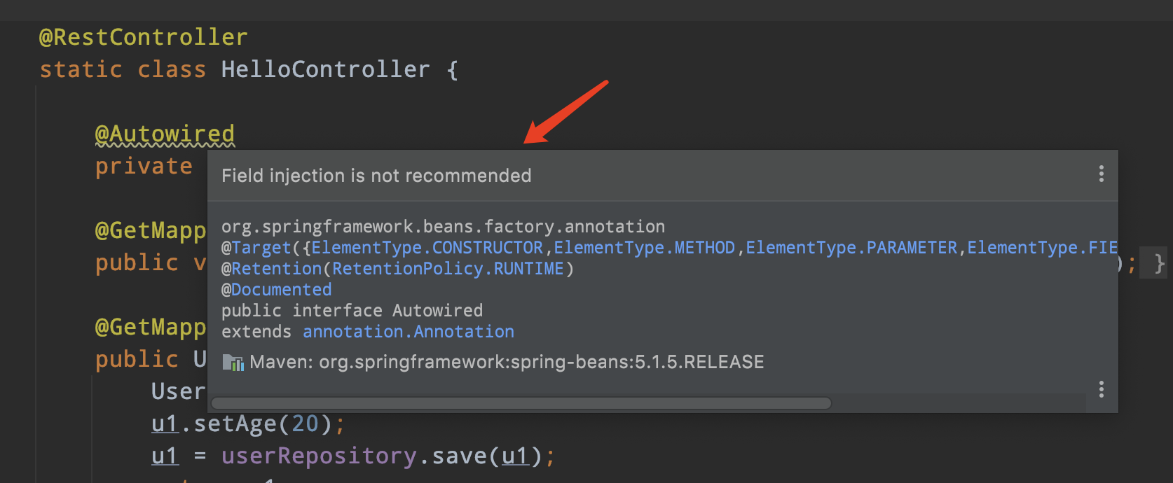 IDEA警告:Field injection is not recommended