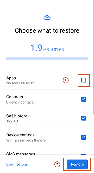 Tap the Apps checkbox, then tap Restore