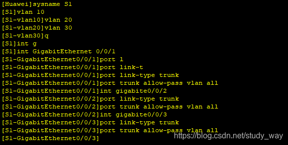 创建vlan10 20 30 然后设置端口为trunk类型，并允许所有vlan通过