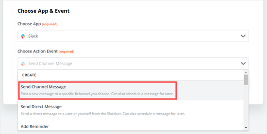 Select "Send Channel Message" from the drop-down list to get the notification to a channel in Slack