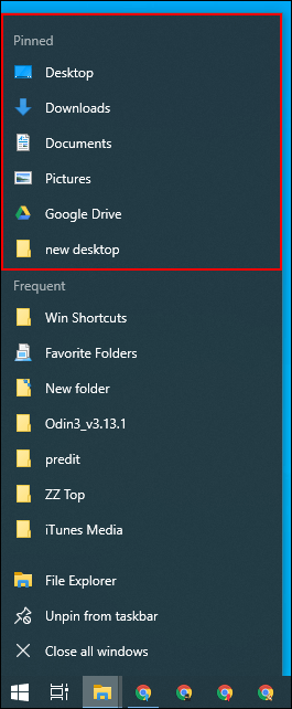 A taskbar jump list in Windows File Explorer.