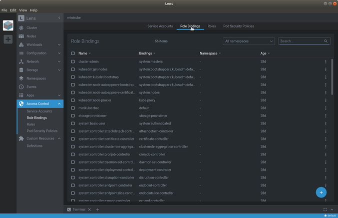镜头访问控制RoleBindings菜单 Lens Access Control RoleBindings menu