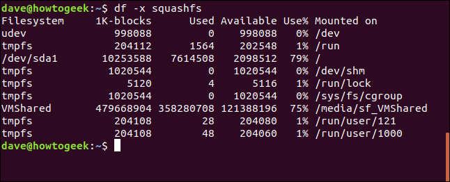 df command with -x exclude option in a terminal window