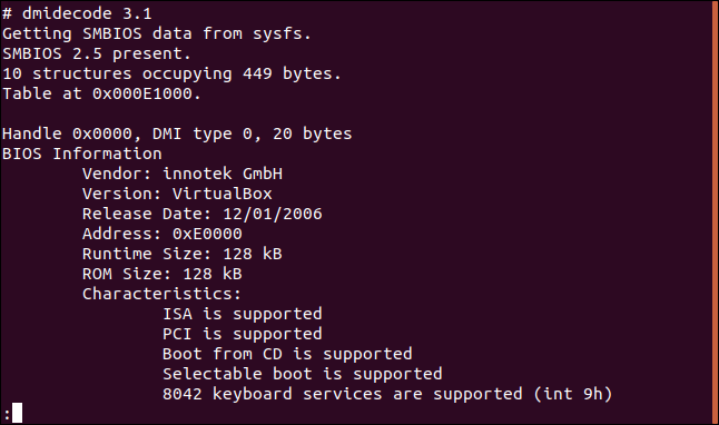 dmidecode output in a terminal window