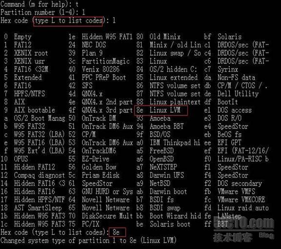 息还是“83 linux”，我们需要修改为“8e lvm”，输入“t”命令修改system id。